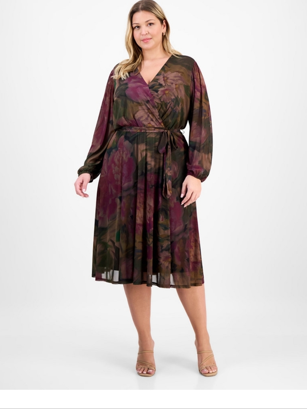 Plus Size Floral Wrap Midi Dress in Deep Plum and Olive